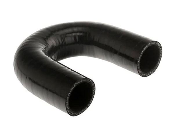 A black 180° elbow silicone hose on a white background