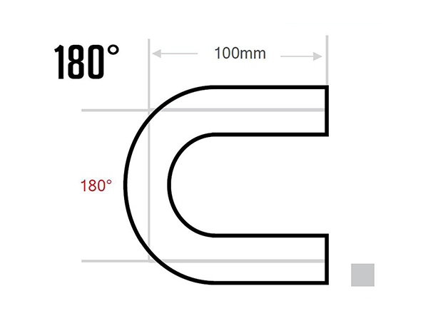 A line drawing of the 180° elbow silicone hose, marking the angle 180°